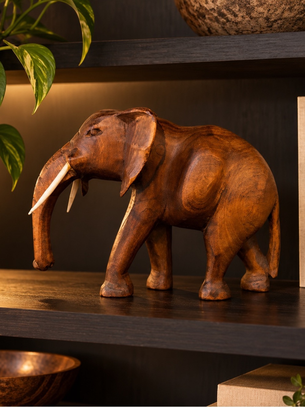 Hand-Carved Wooden Elephant Figurine with Ivory-Style Tusks